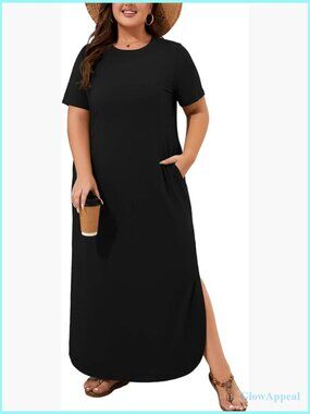 Plus Size Maxi Dress Crew Neck Short Sleeve Flowy Beach Sundress with Pockets